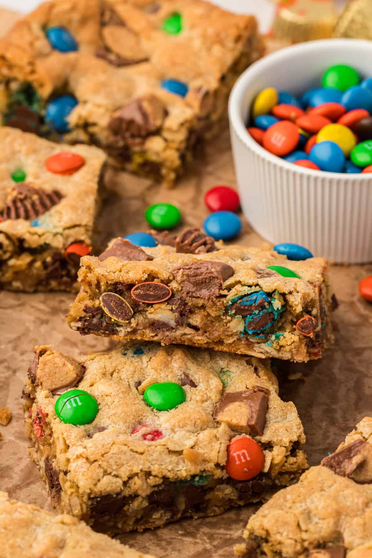 Easy Chewy Monster Cookie Bars: Peanut Butter, Oats & M&Ms